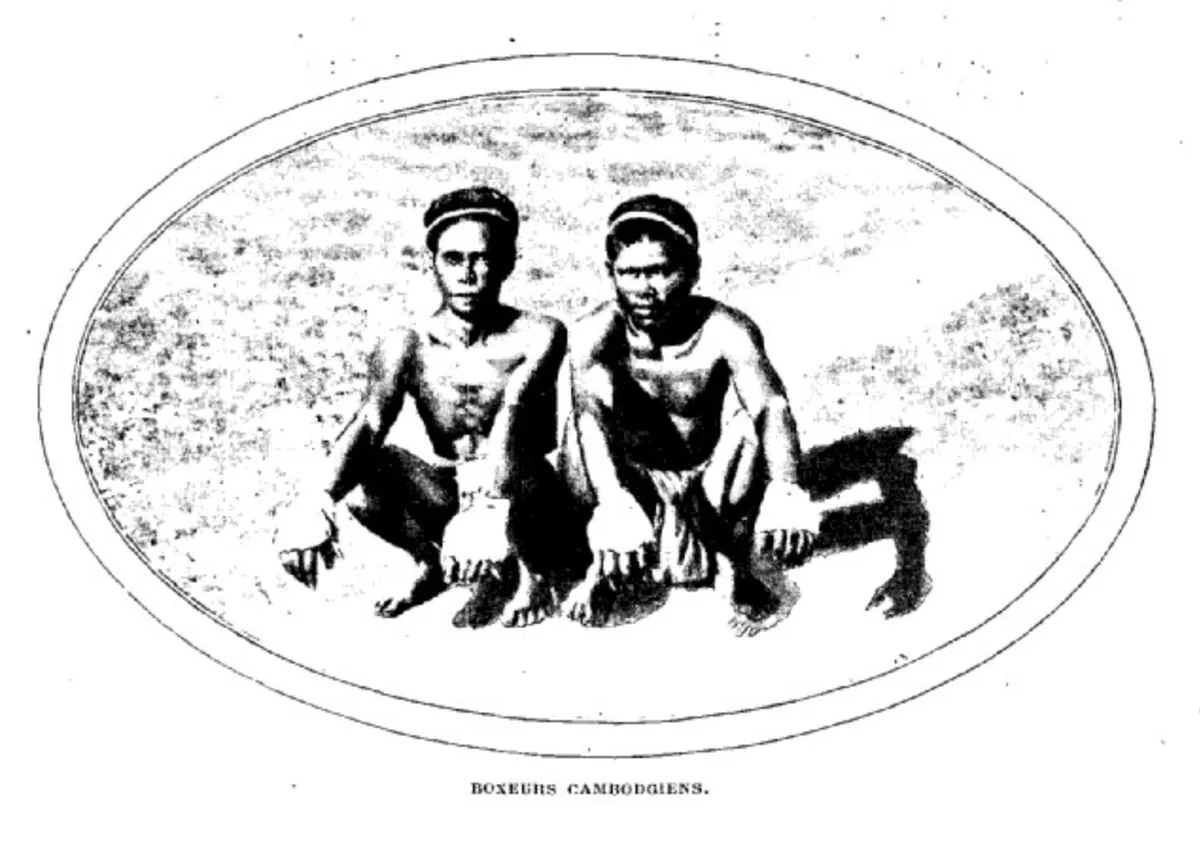 A black and white engraving inside an oval frame of two Cambodian boxers crouching side by side, with the caption Boxeurs Cambodgiens beneath